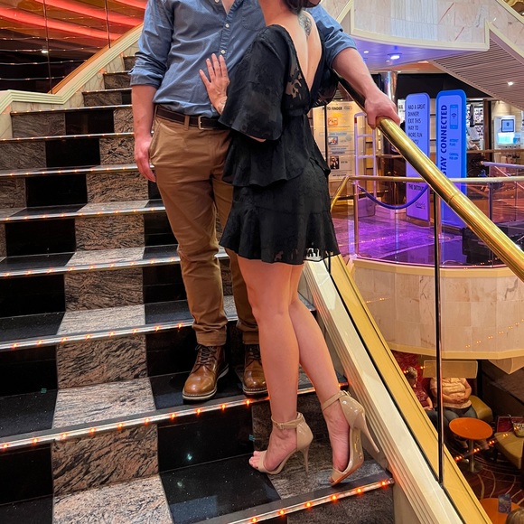 Open Back Black Cocktail Mini Dress Small Sheer Burnout Lace Ruffle LBD Boutique - Picture 10 of 10